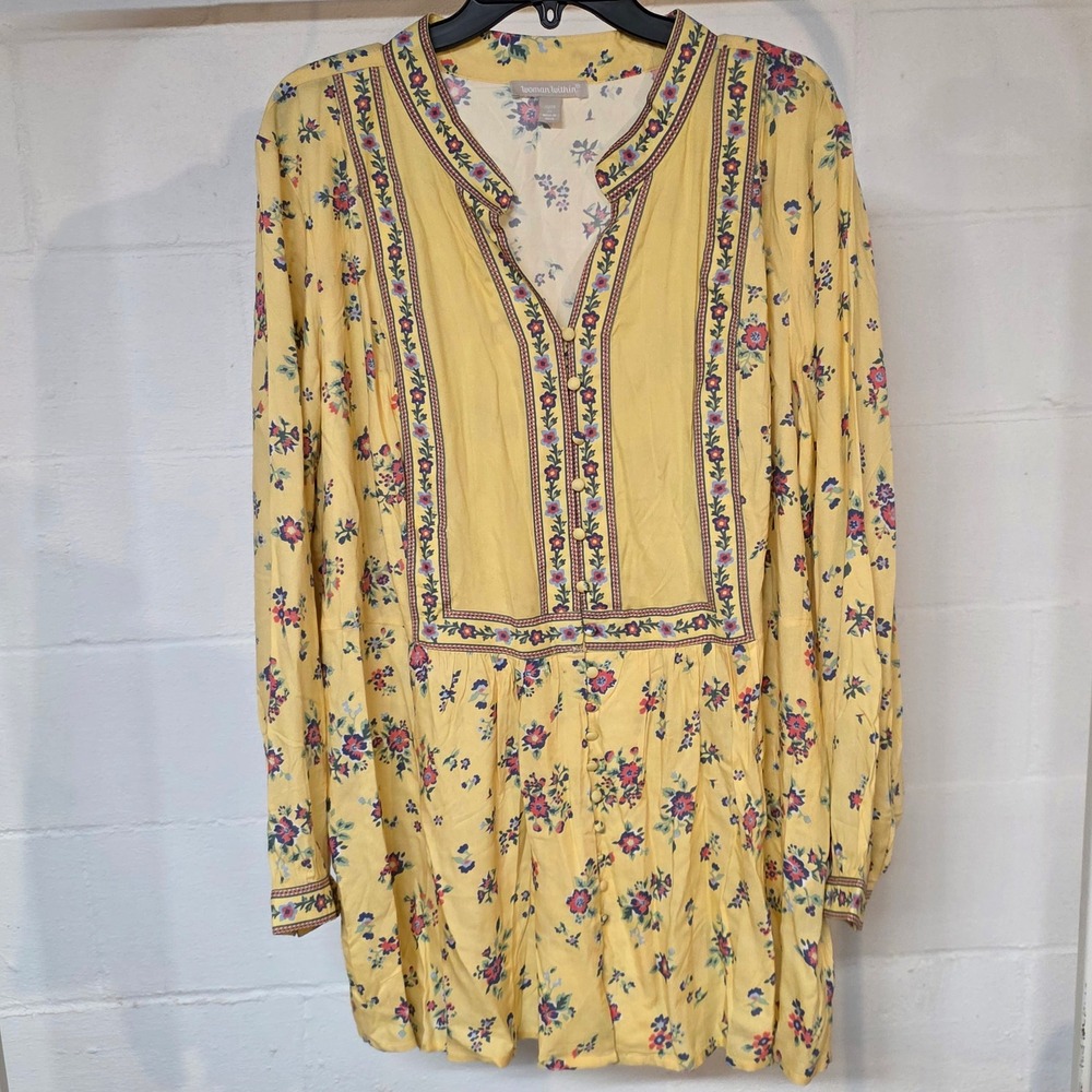 Woman Within Yellow Floral Tunic Blouse Boho Split Neck Button Front 26/28 3X